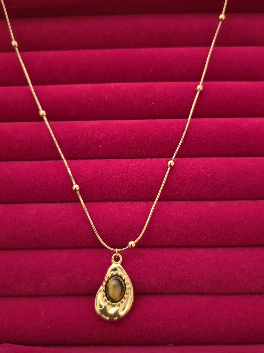 18K Gold Plated Teardrop Pendant Necklace with Tiger Eye Stone Women Jewelry B05